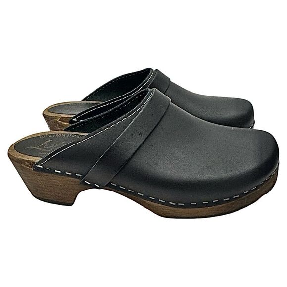 Lotta From Stockholm Black Leather Clogs w/ Brown Base EU 38 US 7.5 Strap EUC - Picture 5 of 11